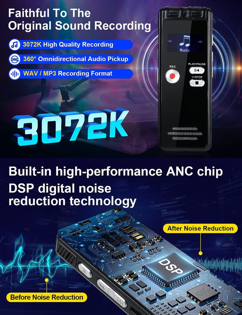 128GB Digital Voice Activated Recorder with Playback - 9104 Hours Audio Recorder, 3072 Kbps HD Recording and Noise-Canceling Voice-Activated Recording, Audio Recording Device for Lectures/Meeting 128GB