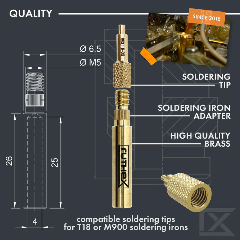 ruthex 7x Soldering Tips/Heat Set Insert Tips - for Thread Inserts M2 / M2.5 / M3 / M4 / M5 / M6 / M8 - #2-56 / #4-40/ #6-32/ #8-32/ #10-24 1/4" and Soldering Iron Adapter 900M / T18 Adapter 900M + Insert Tip Set V3