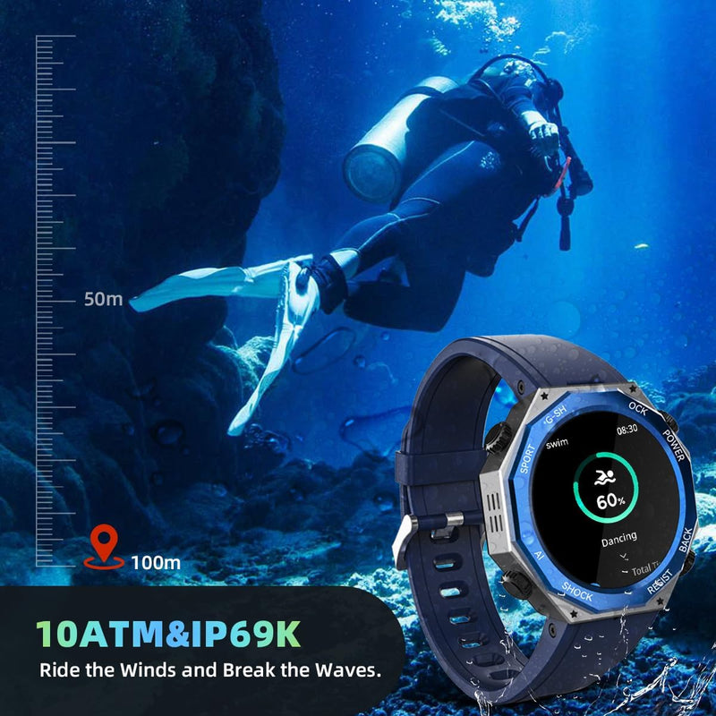 Rogbid Military Smart Watch for Men (Answer/Make Call) 1.45" AMOLED 680mAH IP69 Waterproof Smartwatch for iOS Android Phones Fitness Tracker Watch Heart Rate Blood Pressure Sleep Monitoring Blue