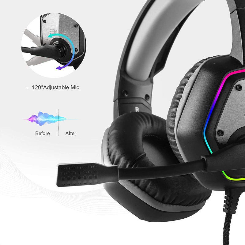 EKSA E1000 USB Gaming Headset for PC - Computer Headphones with Microphone/Mic Noise Cancelling, 7.1 Surround Sound Wired Headset&RGB Light - Gaming Headphones for PS4/PS5 Console Laptop Gray