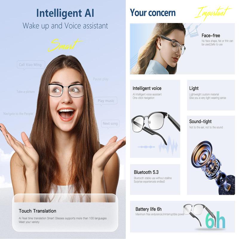 AI Translation Glasses with Over 144 Languages Real-Time Translation | Touch Control,Voice Assistant, Anti-Blue Light, Smart Music Glasses, Great for students, travel and Business Negotiation