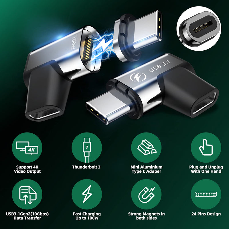 USB C Magnetic Adapter, (2 Pack) Magnetic USB C Adapter, 24Pins USB3.1 10Gbps Data Transfer 4K 60Hz Video PD 100w Charge Compatible with MacBook Pro/Air USB-C Laptop Elbow