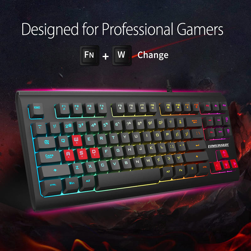 Rainbow LED Backlit 87 Keys Gaming Keyboard, Compact Keyboard with 12 Multimedia Shortcut Keys USB Wired Keyboard for PC Gamers Office