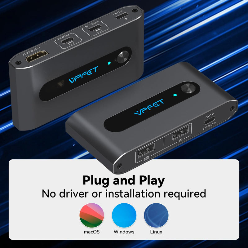 USB C KVM Switch 1 Monitors 2 Laptop 4K@60Hz HDMI KVM Switch 2 Port Share 1 Monitor Keyboard Mouse Hard Drives Printer Support 100W Charging for Laptop Gray