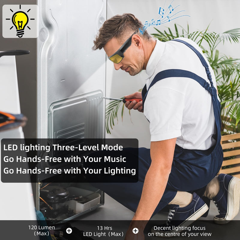 Smart Bluetooth Safety Glasses for Men&Women Ultra Loud Volume,Rechargeable LED Lights 20 Hrs Runtime Ansi Z87.1 Yellow Lenses
