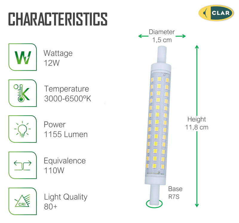 CLAR - R7S LED 118 mm, R7S LED 118 mm, R7S LED, LED stick, LED torch R7S, R7S 118 mm, R7S 118 mm LED, LED rod light, LED replacement for halogen rod, torch LED, 12 W 4000ºK (Pack of 5) Neutral White (4000 K) 12W 118mm (Pack 5)