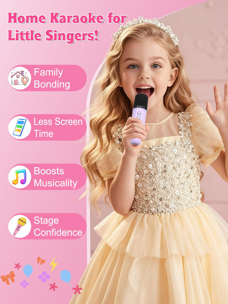 Mini Karaoke Machine for Kids Girls Boys Ages 3-12, Portable Bluetooth Speaker with 2 Wireless Microphones with Voice Changing & LED Party Lights, Birthday Gifts for Family Home Party purple