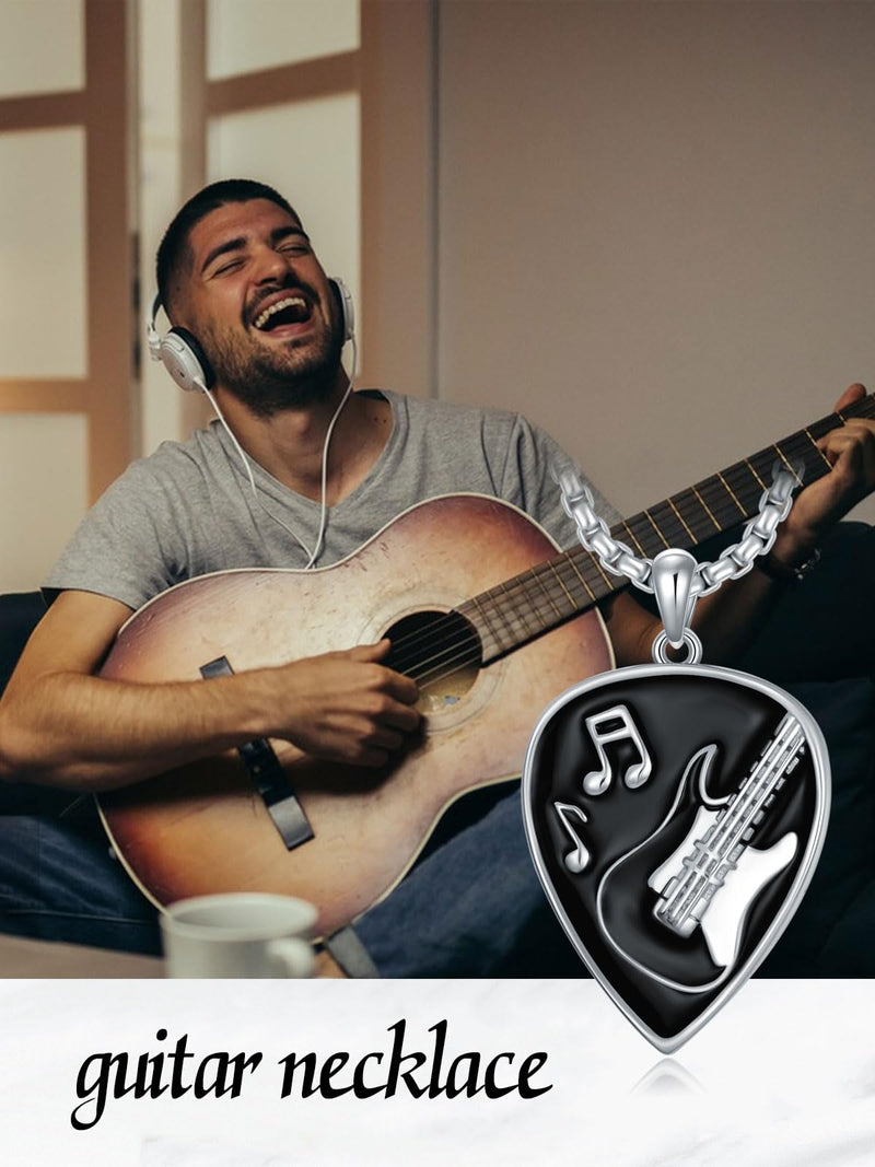 KXJ Music Gifts for Men Women S925 Sterling Silver Guitar Necklace for Men Women Trendy Black/Blue Guitar Music Pendant Gifts for Guitar Players Guitar Lover Musical Jewelry for Guitar Teacher Student Graduation Birthday Anniversary Valentines Day