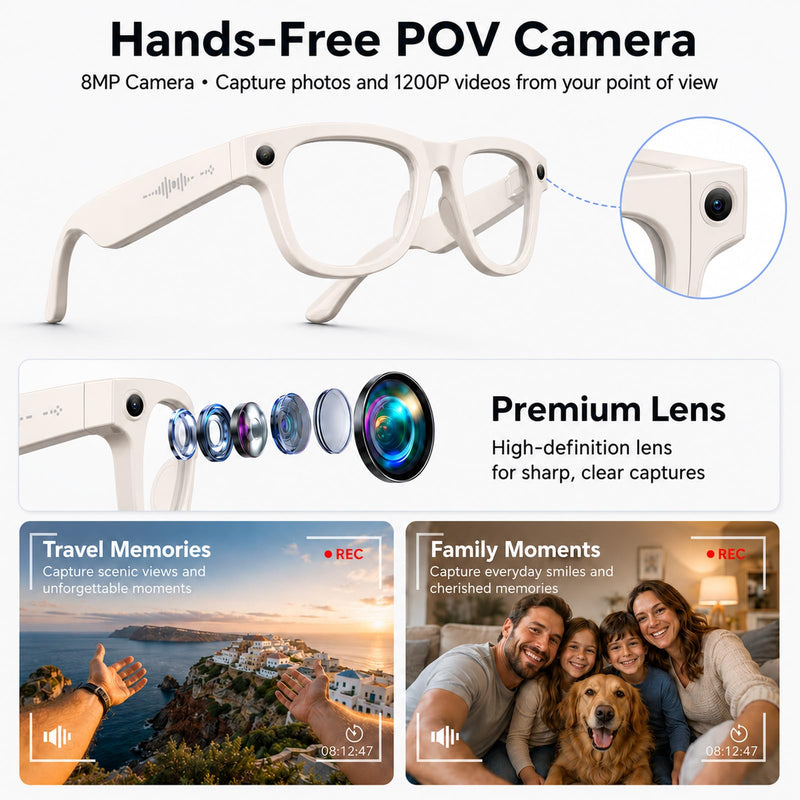 AI Smart Glasses with Camera Stabilization - 8MP POV Video Recording, Real-Time AI Translation, Smart Assistant, Dual-Mic Noise Canceling for Travel & Meetings - Anti-Blue Light, Beige Frame