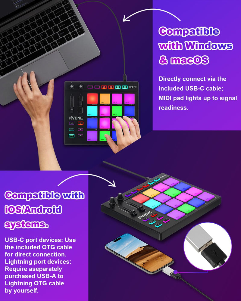 USB MIDI Pad Controller with 16 Velocity Senstive Drum Pads| 7 RGB Lights & DAW Control| 2 Assignable Knobs & Faders| Drum Machine with Note Repeat & Full Level| Plug & Play| Beat Maker Beginner