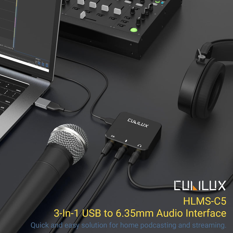 Cubilux HLMS-C5 USB to 6.35mm Audio Audio Adapter for Recording, Podcasting Live Streaming, USB A to 1/4-Inch AUX HUB with Mono Microphone Input, Stereo Line-In and Headphone Out