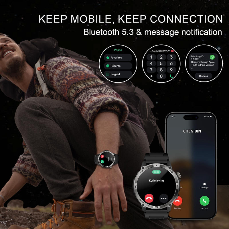 Military Smartwatch for Men, GPS Smart Watches Bluetooth Calls, 1.43" AMOLED Fitness Tracker with 530 mAh Large Battery/3ATM Waterproof/Compass/Air Pressure/Altitude for Android iOS Black