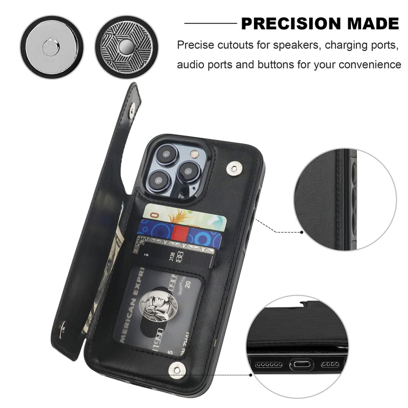 Compatible with iPhone 15 Pro Max Wallet Case with Card Holder, PU Leather Kickstand Card Slots Case, Double Magnetic Clasp and Durable Shockproof Cover 6.7 Inch (Black) Black