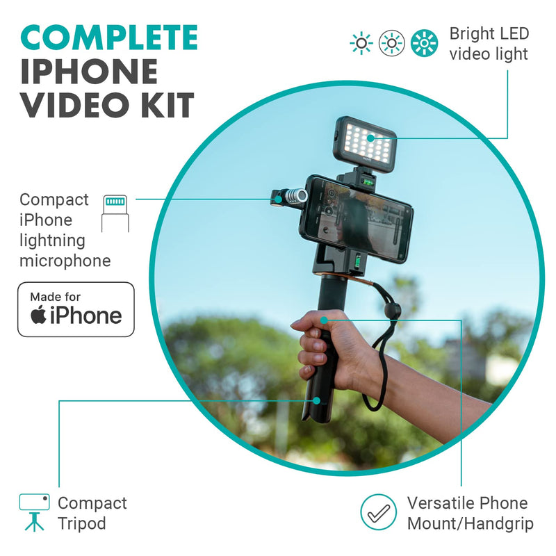 Movo iVlogSK Starter Kit for Content Creators - Smartphone Video Vlogging Kit for iPhone - includes Lightning Microphone, LED Video Light, Phone Holder, Grip, and Mini Tripod