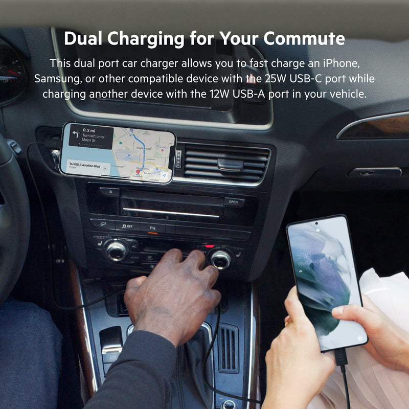 Belkin 37W Dual Port Fast Car Charger with 3.3ft USB-C Cable Included, USB-C 25W PPS Port and USB-A 12W Port for Galaxy S23, S23+, Ultra, Note20, iPhone 14, 13, 12, 11, Pro, Max, Mini and More | 25W USB-C PPS plus 12W USB-A, for Galaxy S23 series, Note...