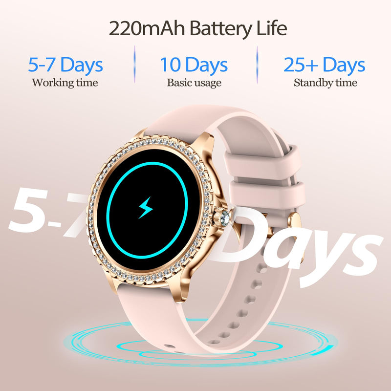Smart Watch for Women with Diamonds, Bluetooth Calls, 1.32'' Full HD Screen Fitness Tracker with Multiple Sports Modes/Heart Rate/Sleep Monitor, IP68 Waterproof for Android iOS, Elegant Rosegold