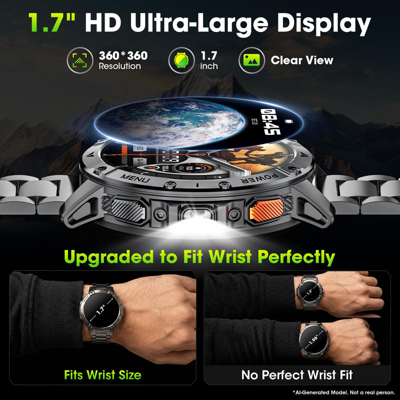 Military Smart Watches for Men, 1.7" HD Smart Watch with Two Flashlights/1400mAh/110+ Sports Modes Fitness Tracker Watch, Waterproof Mens Smart Watch for Android Phones iPhone Compatible(2 Strap) Darkness