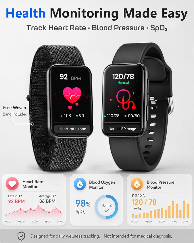 MorePro Health Fitness Tracker for Women Men, 24/7 Heart Rate Blood Pressure & Oxygen Monitoring, Sleep Tracker, 100+ Sport Modes Smart Watch, IP68 Waterproof, 2 Bands, Compatible Android iOS Black