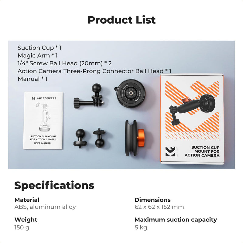 K&F CONCEPT Suction Cup Mount with Ball Head Magic Arm for Action Camera | Car Windshield Window Dash Mount Holder, 1/4" & Three-claw Adapter for GoPro Hero 13/12/11/10/9, Osmo Action 6/3/4/5 Pro XP01