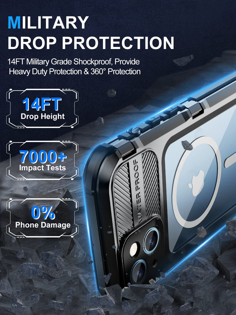 WIFORT for iPhone 14 Waterproof Case - Metal Full Body Protection Case Built-in [Screen Protector][IP68 Water Proof][14FT Military Grade Dropproof][Compatible with MagSafe] Phone Cover, 6.1" Black