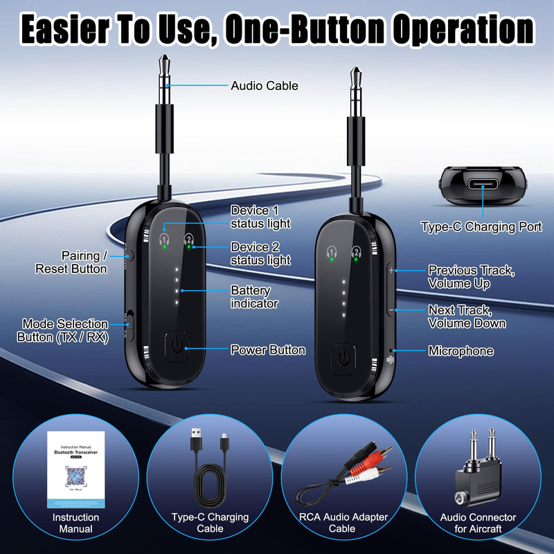2026 Upgraded Pro Bluetooth 6.0 Transmitter Receiver|Bluetooth Adapter for TV/Airplane/Gym to Wireless Headphones/All Airpods,Dual Link & Low Latency,Wireless Adapter for Car/Home Stereo Black