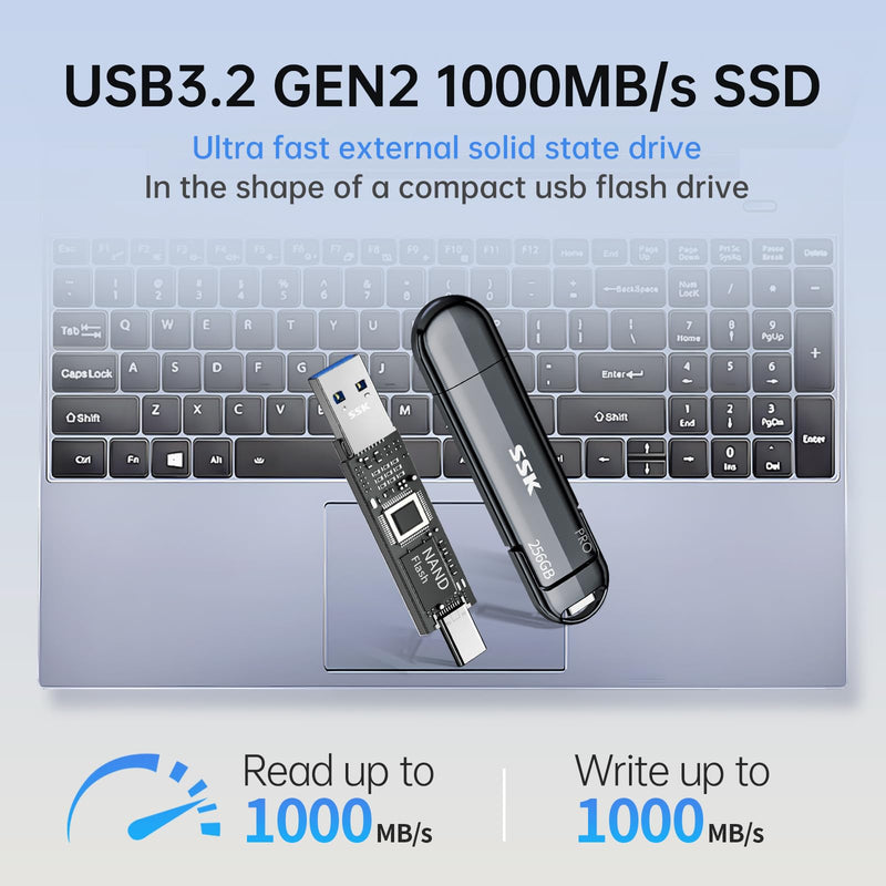 SSK 256GB USB SSD Flash Thumb Drive Memory Stick Dual USBC+A Up to 1000MB/s | TLC NAND Flash USB Drive, Dual Head 10Gbps, SMART & TRIM, 4K60Hz ProRes HDR, OTG, iphone 15/16/17 Pro Compatible, Zinc Alloy 256 GB