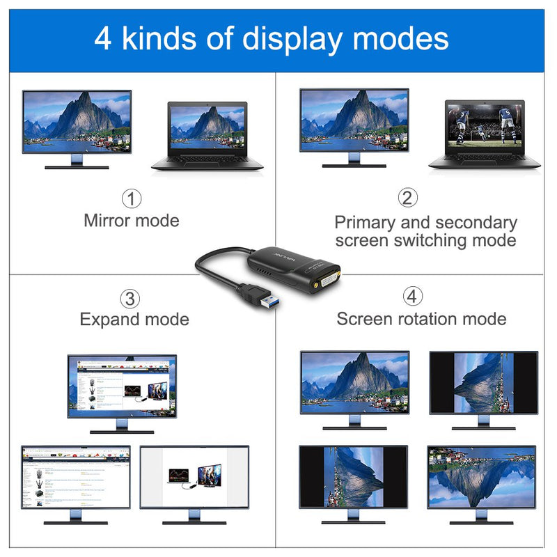 Wavlink USB 3.0 to HDMI/DVI/VGA Universal Video Graphics Adapter with Audio Port Supports up to 6 Monitor displays, 2048x1152 External Video Card Adapter Support Windows & Chrome OS USB to HDMI/DVI/VGA