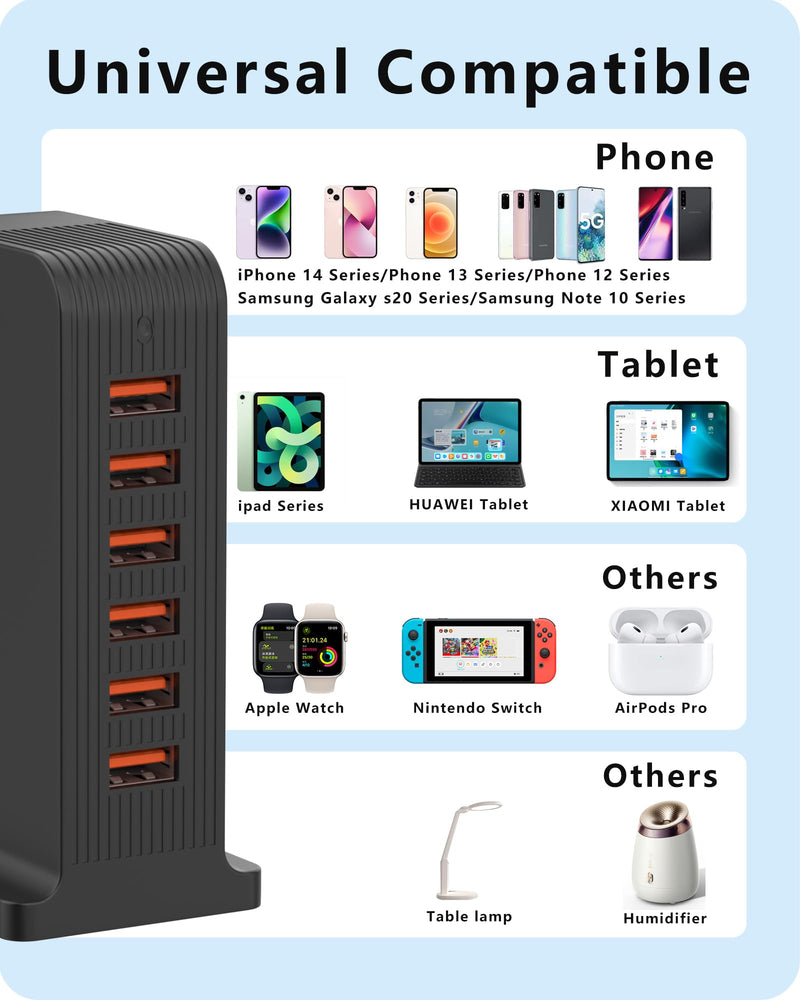 USB Charger 6 Port 50W Multi USB Tower Charging Station for Multiple Devices iPhone 15/14/14 Pro/14 Pro Max/13 Pro/13 Pro Max/Android/Samsung/Tablet,etc(Black USB) black 50W 6A