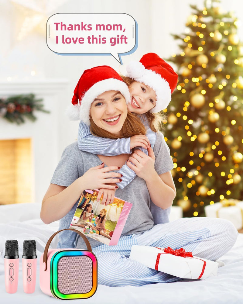 Mini Karaoke Machine, Portable Bluetooth Karaoke Speaker with 2 Wireless Microphones and Light for Family Home Party,Toys for Girls Boys Friends Age 3-12+ Kids and Adults Birthday Gifts. (Beige) white