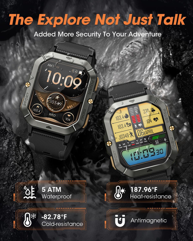 Military Smart Watches for Men (Answer/Make Calls), 2.02'' Fitness Smart Watch for Android and iPhone, Waterproof Fitness Tracker with Blood Pressure/Heart Rate/Sleep/100+ Sport Modes, Watches for Men Black