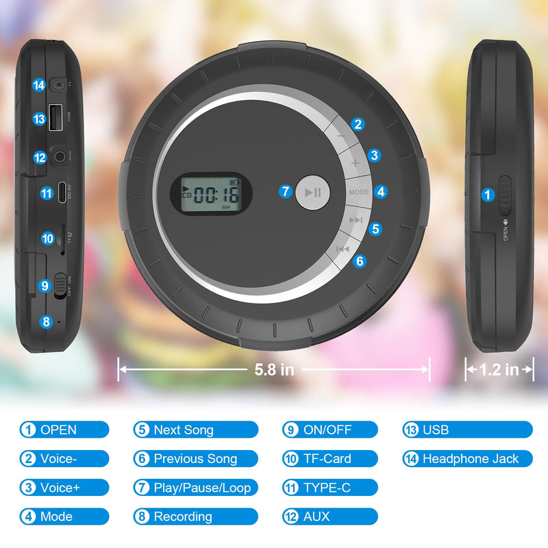 Portable Bluetooth CD Player - Bluetooth CD Player for Car with Anti-Skip Protection, Small Rechargeable CD Player for Home, Walkman CD Player Portable with Headphones with HiFi Stereo Sound Black