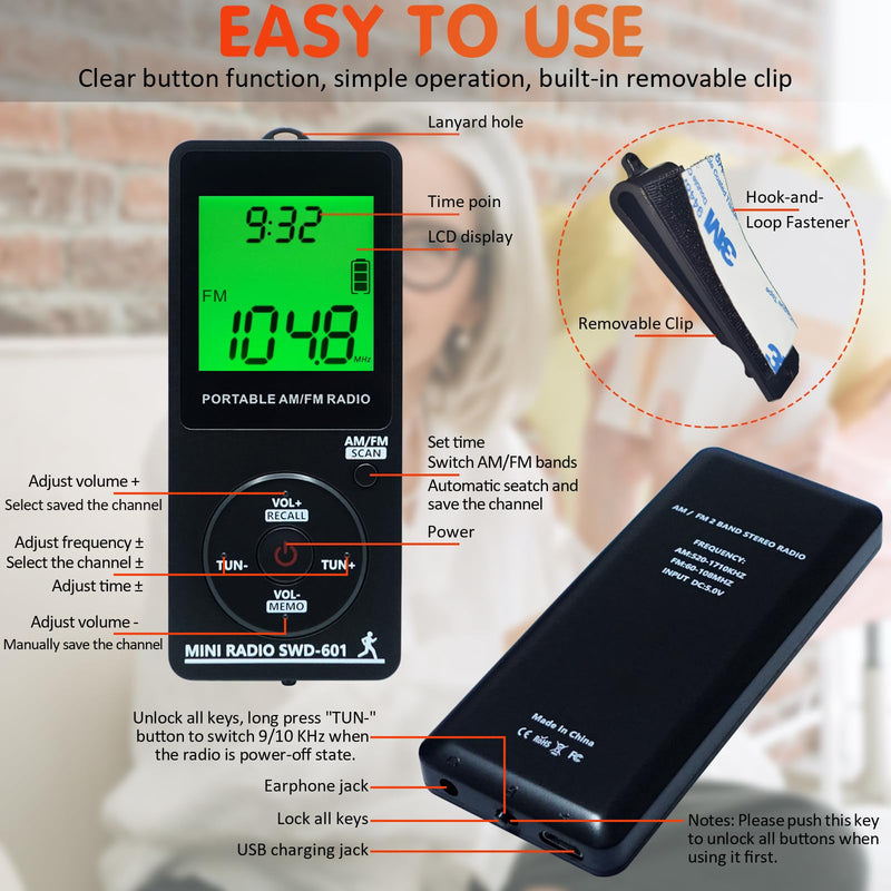 [AUSTRALIA] - AM/FM Personal Portable Mini Radio with Digital Tuning LCD Display and Backlight Time, SWDSTP Rechargeable Pocket Radio with Earphone and Belt Clip for Walking, Jogging 