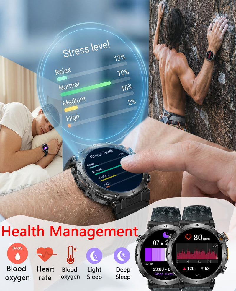 Men's Military Smart Watch with GPS,Compass for Outdoor 1.7" HD Big Face | Fitness Tracker with Bluetooth Calling,Heart Rate/Sleep Monitor/100+ Sports Modes,Long Battery,for Android & IOS 2 Bands Camouflage Black
