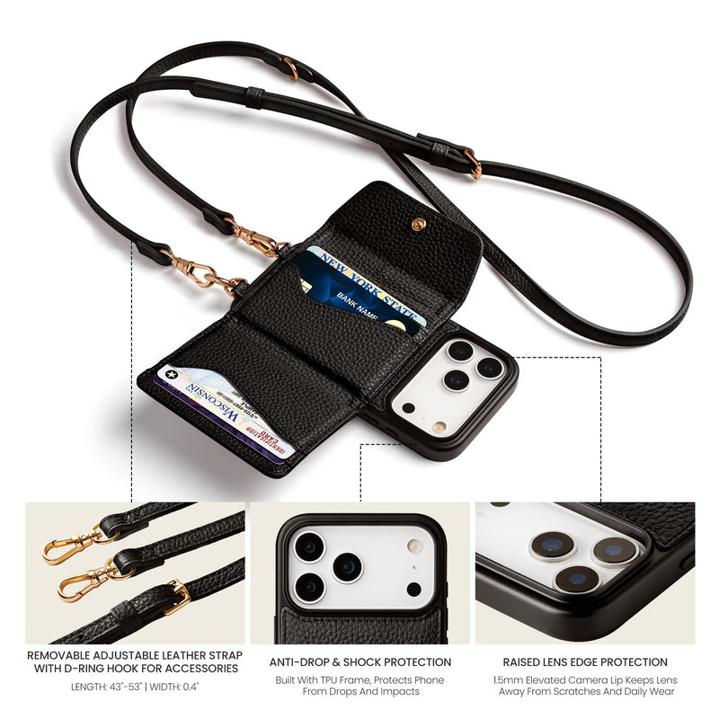 LUCKYCOIN Genuine Leather Crossbody Wallet Phone Case for iPhone 17 Pro | 100% Genuine Leather, Compatible with MagSafe, Removable Purse Flip Card Holder（with RFID Blocking）& Adjustable Strap, Black