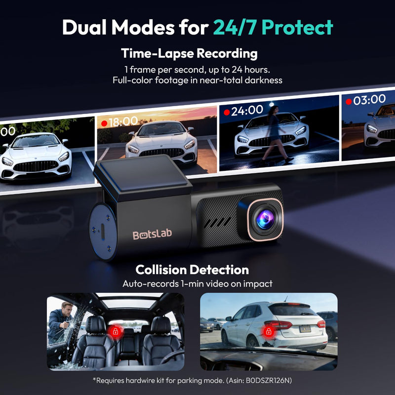 Botslab 4K Dash Cam Front with Night Vision[2026 Upgraded], 360°Rotatable Mini Car Camera with Super Capacitor, 5.8G WiFi & Bluetooth Dual-Band Connection, 24/7H Parking Mode, G-Sensor (HK40 Plus)