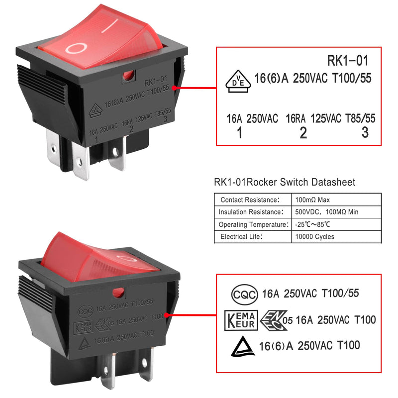 Rocker Switch ON-Off DPST 4 Terminals Red Light 16A 250VAC 2Pack 2