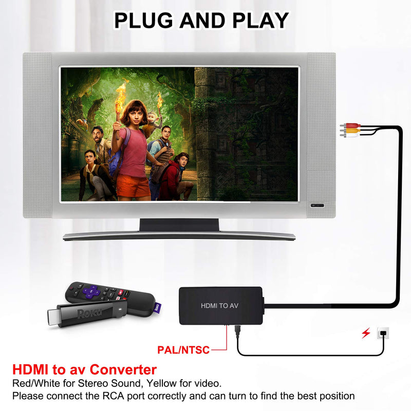 HDMI to RCA Converter, HDMI to Composite Video Audio Converter Adapter, HDMI to AV, Supports PAL/NTSC for PS4, Xbox, Switch, TV Stick, Blu-Ray, DVD Player, HDMI to RCA Converter