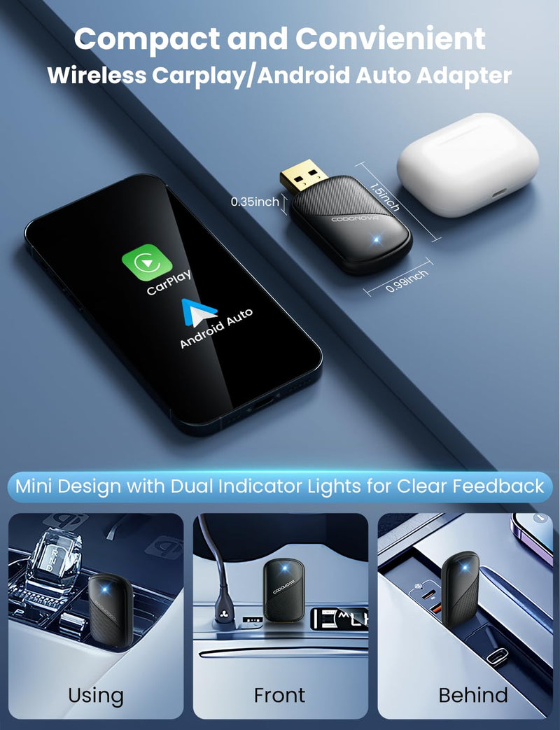 [AUSTRALIA] - Mini Wireless Carplay and Android auto Adapter with Fastest Connection Car, No Latency Wireless Carplay Adapter, Tying to Cars from 2016 & Phone with Android 10+ / iPhone 6 or Above USB-A/Type-C 