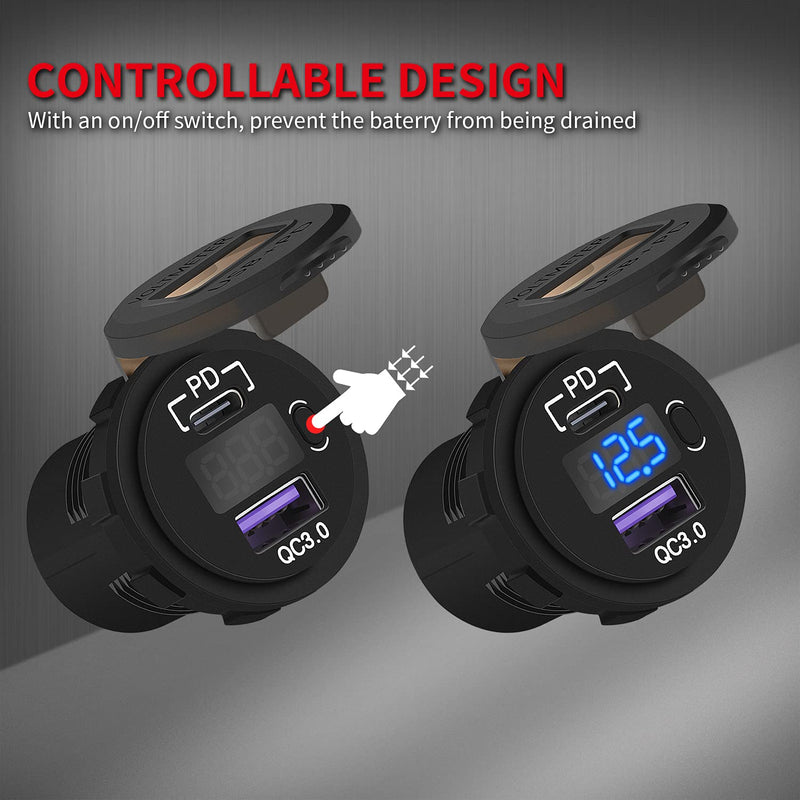 DaierTek 3 pcs Lighted Car Cigarette Lighter Socket and 3 pcs PD Type C USB Charger Socket