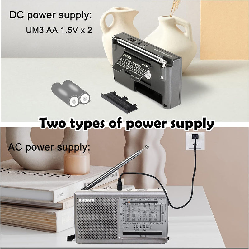 XHDATA D219 Portable AM FM Shortwave Radio Battery Operated Small Great Reception Radio with Good Sound,Earphone Jack for Gift Elder,Home,Child [Sliver] Sliver