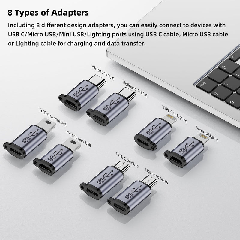 [AUSTRALIA] - USB C/Lightning to Micro USB Adapter, Type C/Micro USB Female to Lightning Male Converter, Micro USB/Lighting to USB C Extender, USB C/Micro USB to Mini USB Connector (8 Pack) 