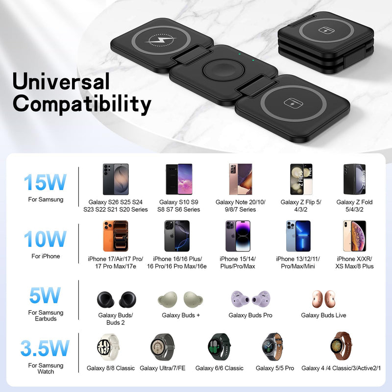 Wireless Charger for Samsung, 3 in 1 Charging Station Travel Charger | for Samsung Galaxy S26 Ultra/S25 FE/S24/S23, Protable Charger for Samsung Galaxy Watch 9/Ultra2/8 Classic/7/FE, Galaxy Buds 4 Black
