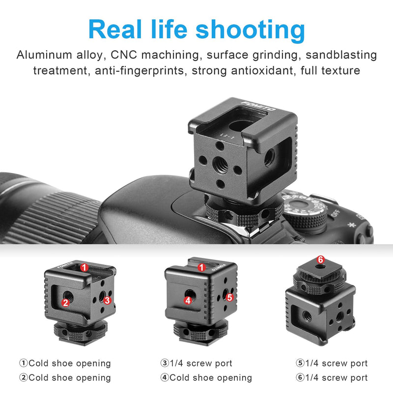 FOMITO 3 Port Cold Shoe Mount with 1/4"-20 Thread for Camea Cage Tripod Grip Flash LED Monitor Microphone