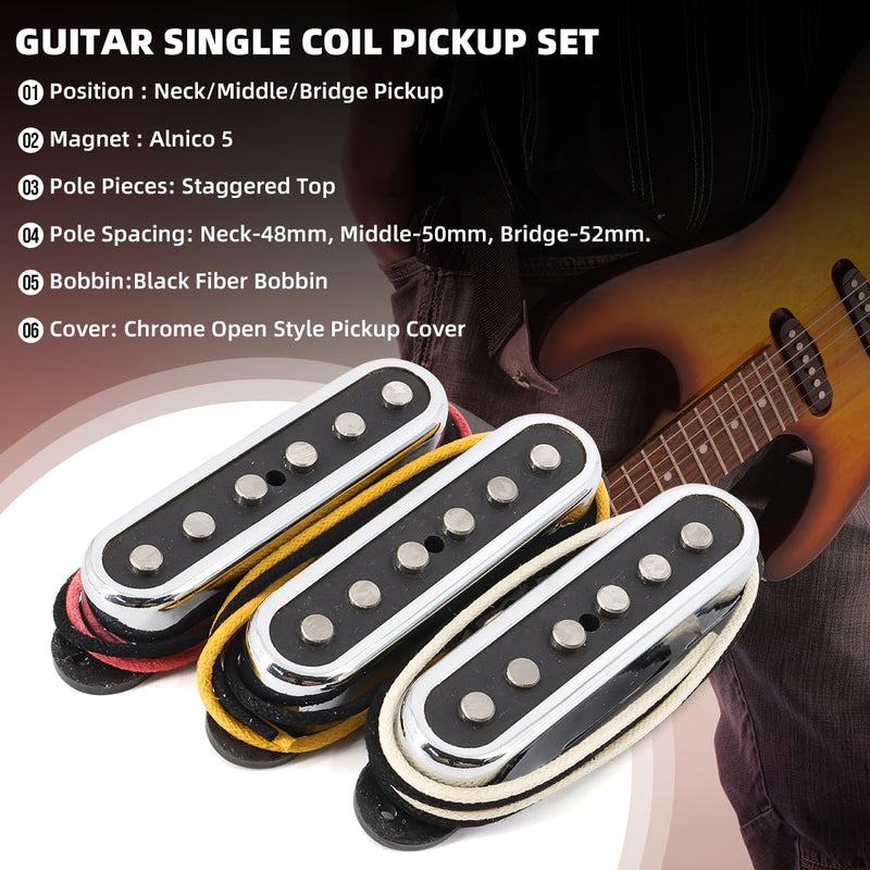 Alnico 5 Strat Pickup Single Coil Pickups Open Style Neck/Middle/Bridge Pickup Set for Stratocaster Electric Guitar Parts Replacement (Chrome Cover) Chrome Cover