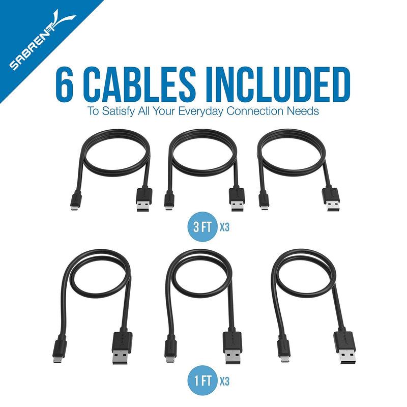 SABRENT 4-Port USB 2.0 Hub with Individual LED lit Power Switches + [6-Pack] 22AWG Premium Micro USB Cables (X3-3ft + X3-1ft) High Speed USB 2.0 A Male to Micro B Sync and Charge Cables