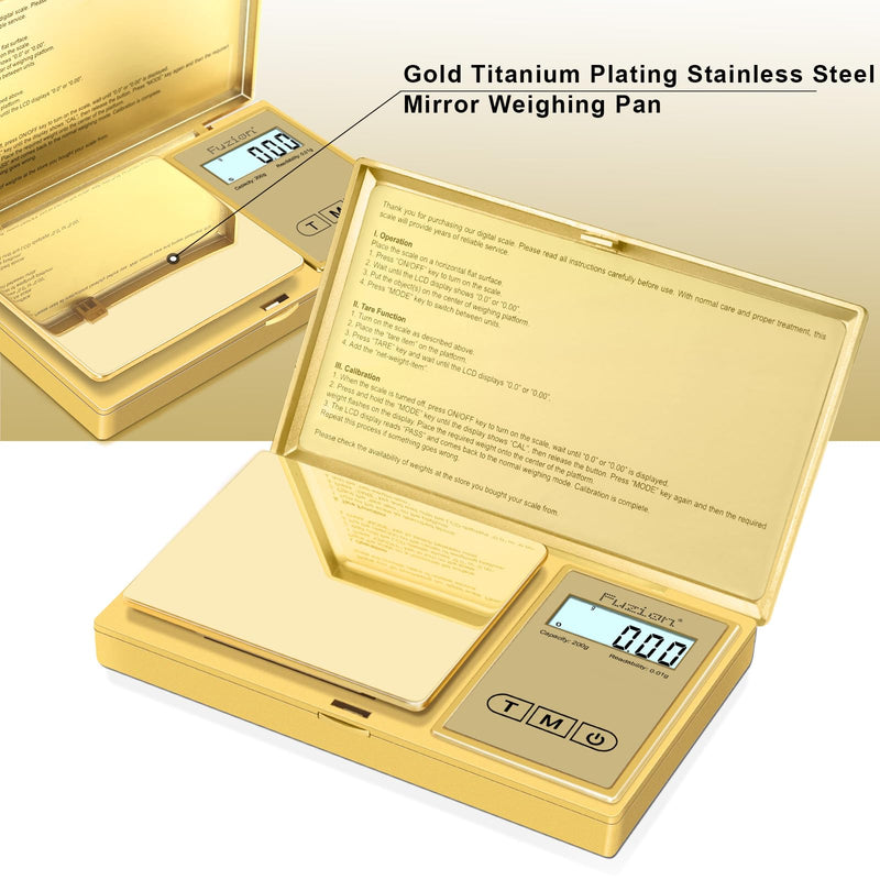 Fuzion Gram Scale, 200gx0.01g Digital Pocket Scale Gold Titanium Plating, High Precision Small Scale, 6 Units Jewelry Scale with Back-Lit LCD, Tare Function for Food, Powder, Herb, Arrow, Travel FZ-200