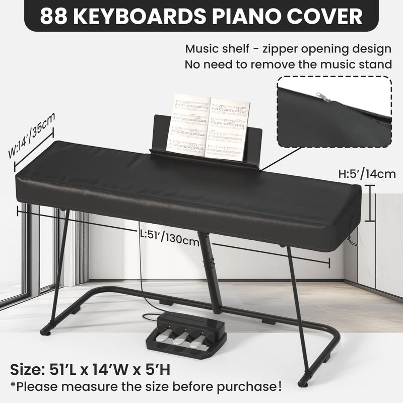 61/88 Keys Electric Piano Keyboard Dust Cover - Waterproof, Dustproof, Scratch-Resistant, Adjustable Fit, Machine Washable - 51.2"(L) x 14"(W) x 5"/4"(H) 88keys-black