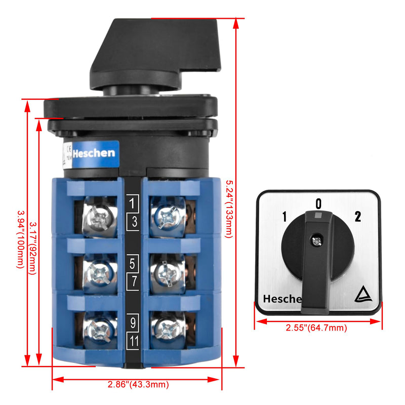 Heschen Universal Rotary Cam Selector Changeover Switch SZW26-63/D303.3 660V 63A ON-Off-ON 3 Position 3 Phase 12 Terminals CE