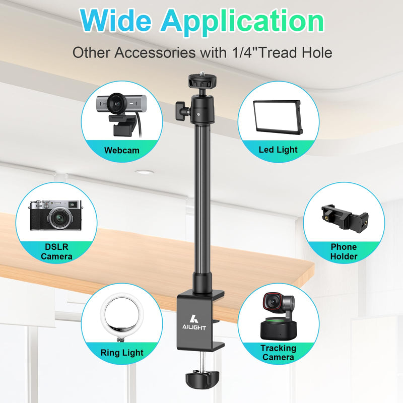 Ailight Camera Desk Mount Webcam Stand, Adjustable Table Camera Stand with 1/4" Screw & C Clamp Overhead Tripod Webcam Mount for Logitech Obsbot insta360 Anker and Others TS6001