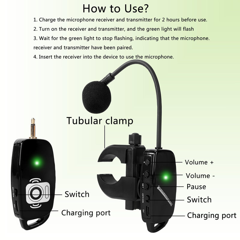 Wireless Flute Microphone for Instrument System: 2.4G Cordless Professional Mic Wind Music Instruments Microphone Receiver and Transmitter, 160ft Range for Flute, Piccolo, Clarinet